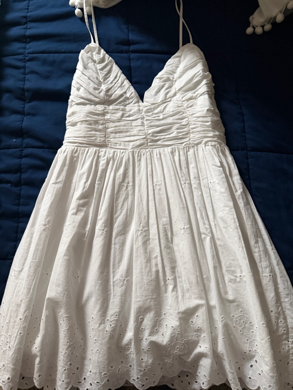 Zara White Eyelet Mini Dress with V-Neck and Spaghetti Straps